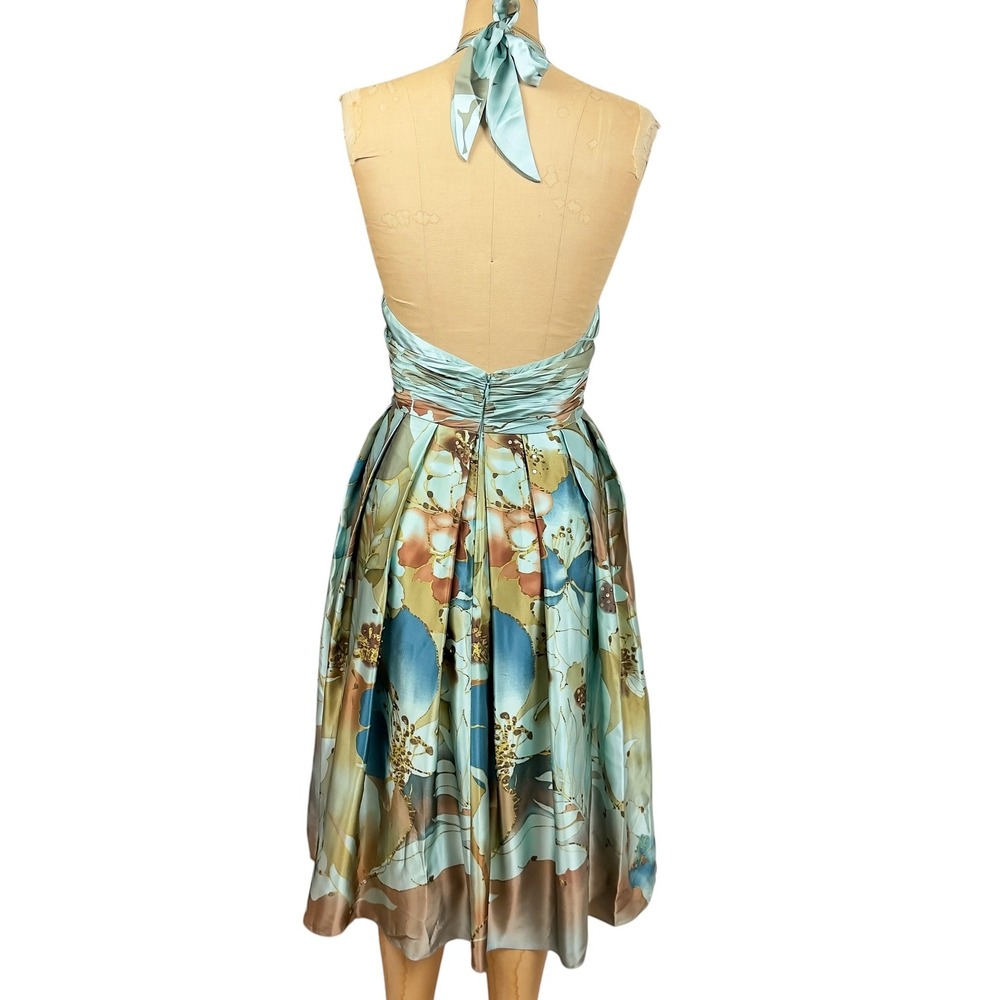 Y2K Teal Silk Floral Sequin Halter Midi A Line Dress Flowy Pleats Formal Size 8 - Picture 5 of 11